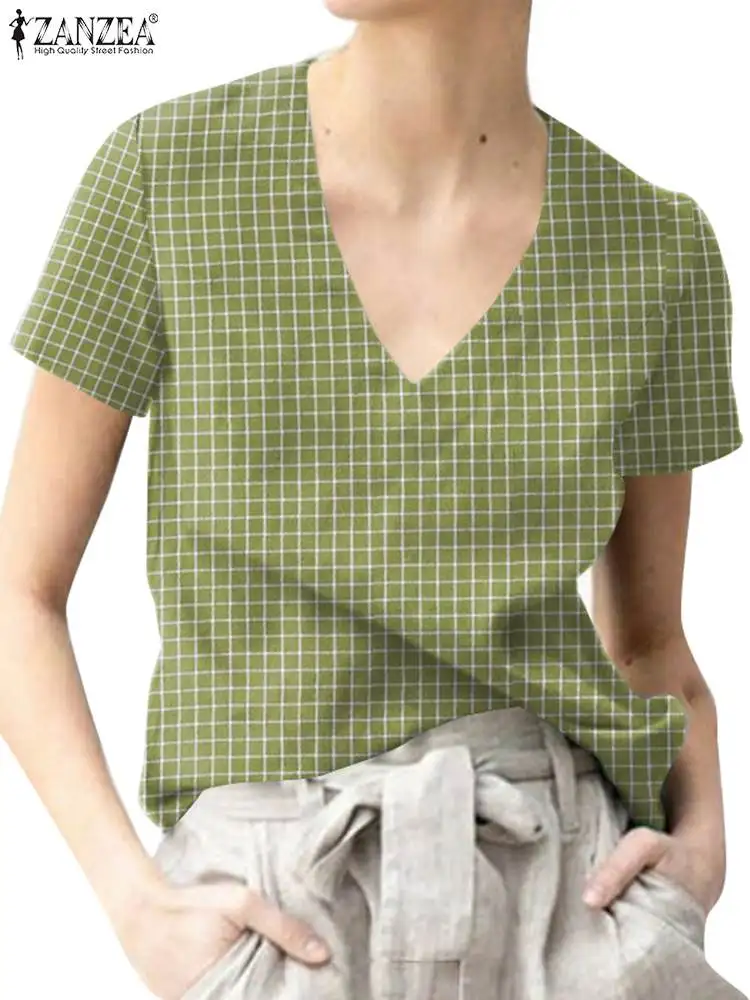 

Летняя блузка в клетку с принтом, V-образным вырезом и коротким рукавом, рубашки в клетку ZANZEA, богемные женские повседневные свободные топы, ...