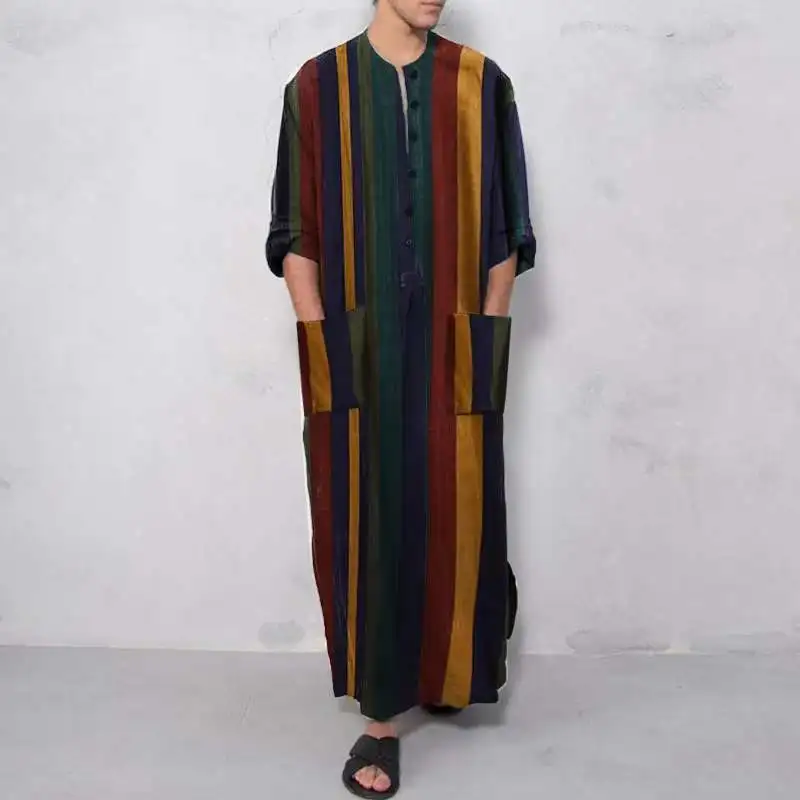 Vertical Stripes Muslim Robes With Pockets Flax Fabric Arabian Dubai Malaysia Casual Men's Shirts Button Long Sleeves One Piece