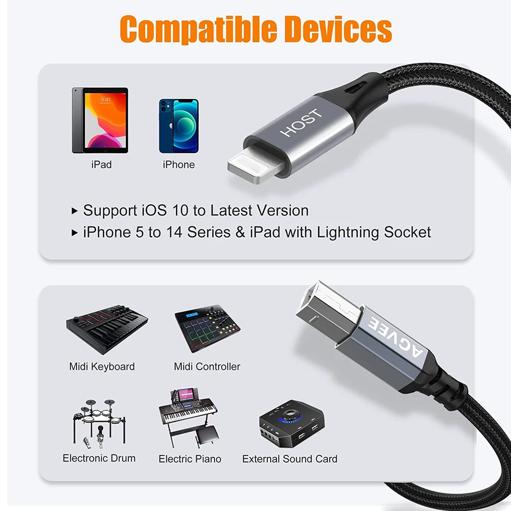 Молниевый USB кабель Type B Midi Cable OTG для iPhone 13 iPad к контроллеру электронного музыкального инструмента барабана.