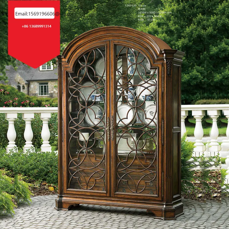 

American classical solid wood semicircular curved glass door wine cabinet villa large dining side cabinet red wine cabinet