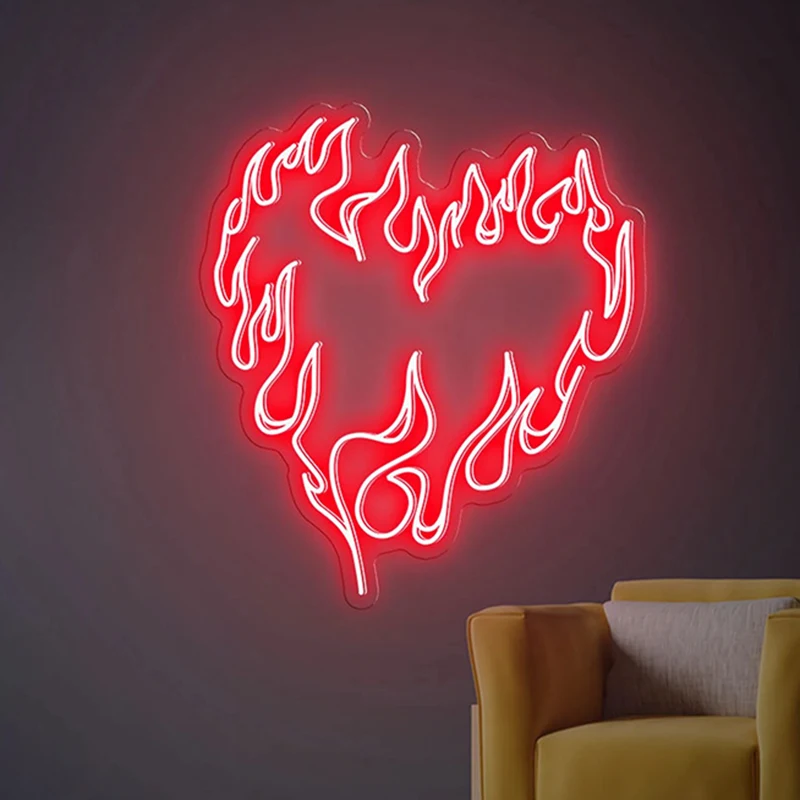 

Heart with Fire Neon Sign Custom Handmade Art Neon Light White Vibes for Wedding Bedroom Wall Decor Personalized LED Neon Lights