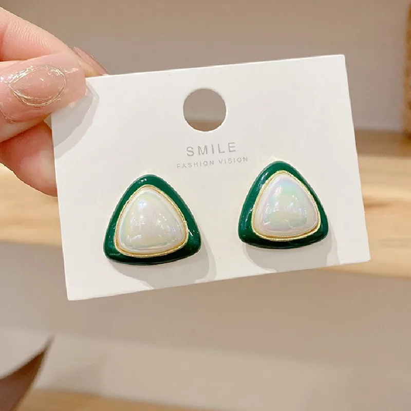 

Hernasion Korean Style Green Triangle Earrings for Women Geometric Rhinestone Stud Earring Girl Party Temperament Jewelry