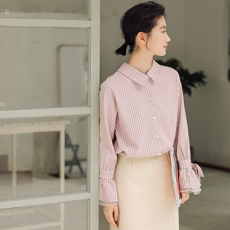 

Женская рубашка в полоску, с длинным рукавом и отложным воротником