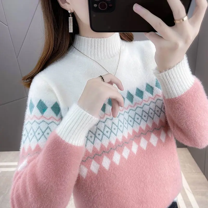 

Woman Knitted Print Pullovers Female High Collar Sweaters Soft High Quality Jumpers Ladies Long Sleeve Clothes Jumper Tops G213