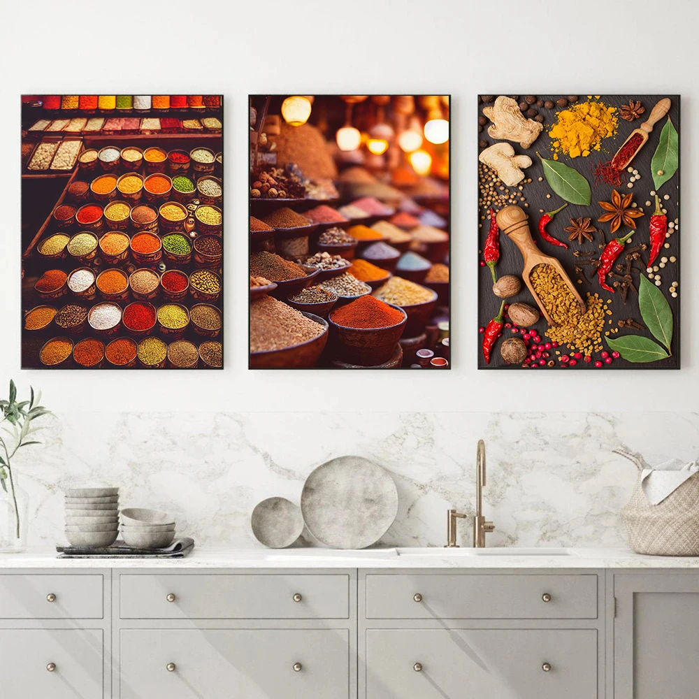 

Grains Spices Spoon Kitchen Food Oil on Canvas Painting Posters Prints Cuadros Wall Art Picture For Living Room Home Decor Mural