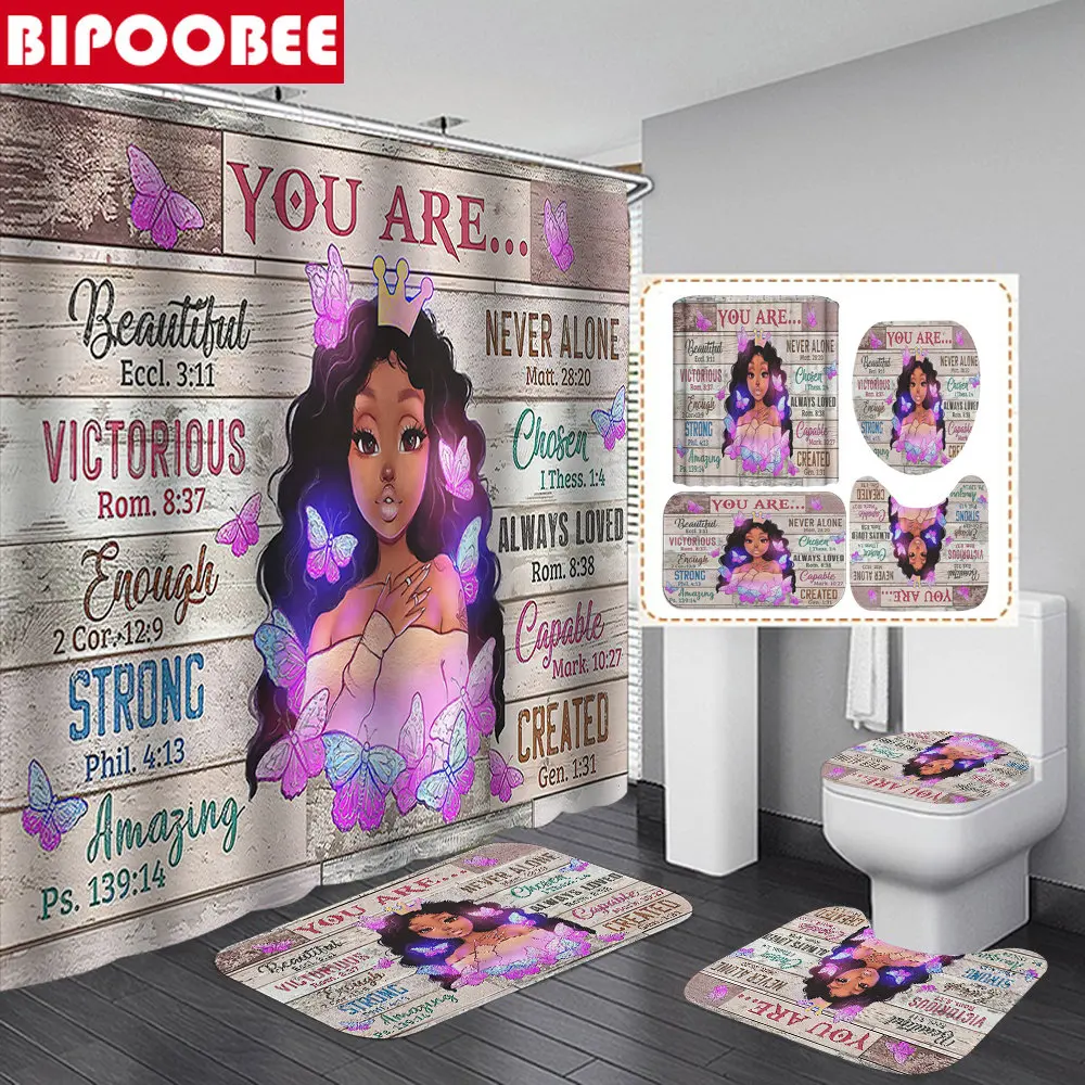 S African American Women Shower Curtain Set Bath Mats Rugs T