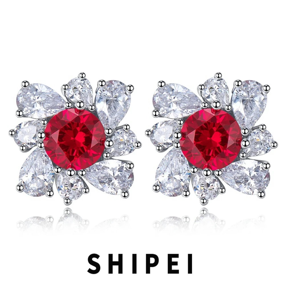 

SHIPEI Luxury 925 Sterling Silver 7 MM Ruby White Sapphire Gemstone 18K Gold Plated Flower Stud Earrings Fine Jewelry Wholesale