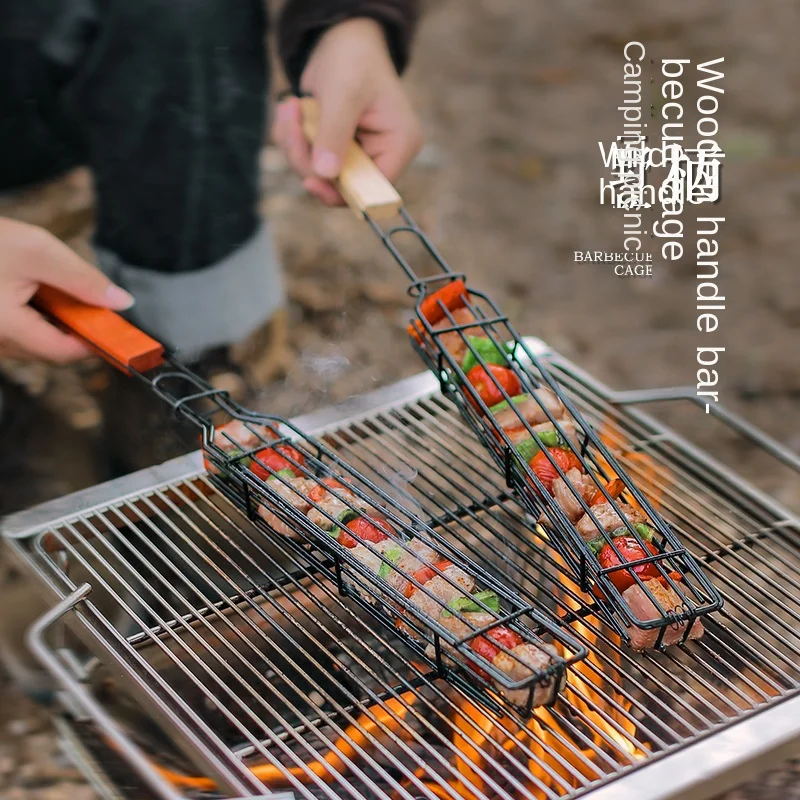 Go-again Wooden Handle BBQ Cage Grill Net Sausage Hot Dog Basket BBQ Grill Net Camping BBQ Tools Grill Clip Grill