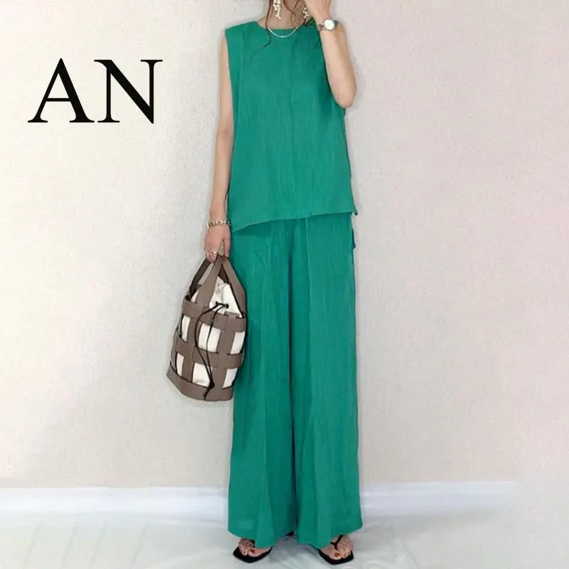 

Women Business Elegant New In Matching Sets Summer Casual Sleeveless Vest Elastic Waist Wide Leg Pants Two-piece Set