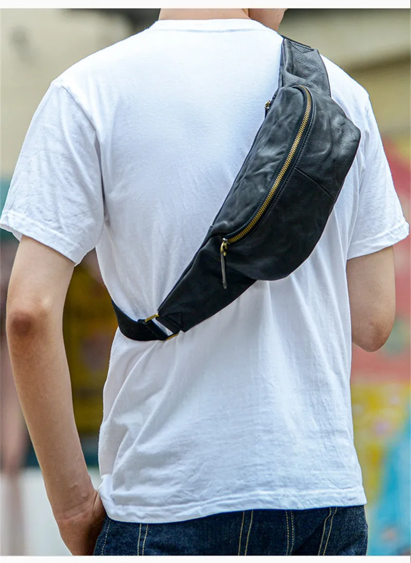 Retro fashion teenager natural genuine leather black chest bag daily outdoor sports real cowhide hot sale waist bag for men