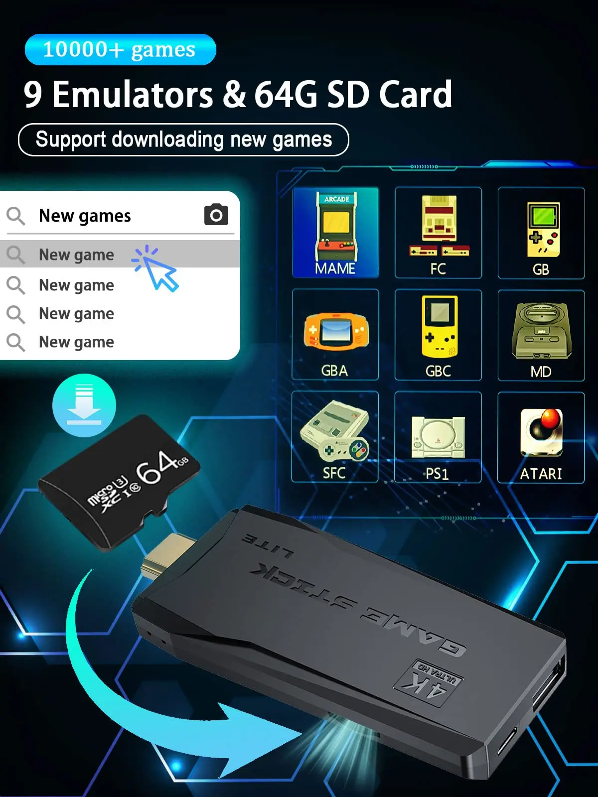 64G Game Stick Lite 4K Built-In 10000 Game Retro Game Console For PS1 GBA Wireless Controller for Gba KID Xmas Gift Dropshipping