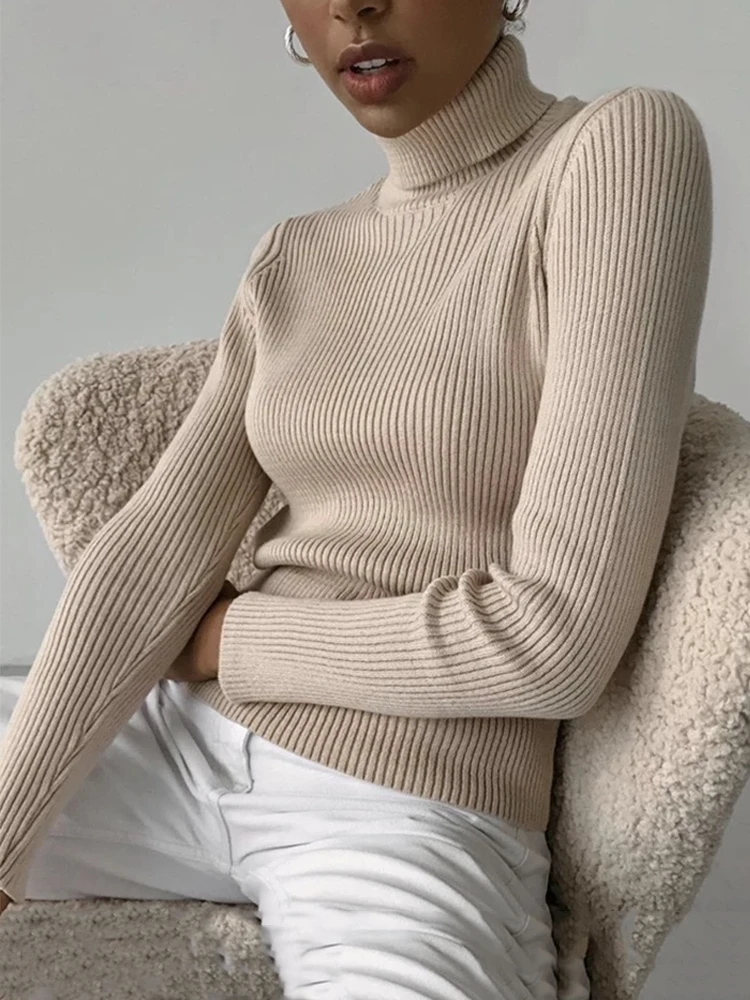 

Базовый женский свитер с высоким воротником, сезон осень-зима, плотный теплый пуловер, облегающие топы, вязаный свитер в рубчик, джемпер, мяг...