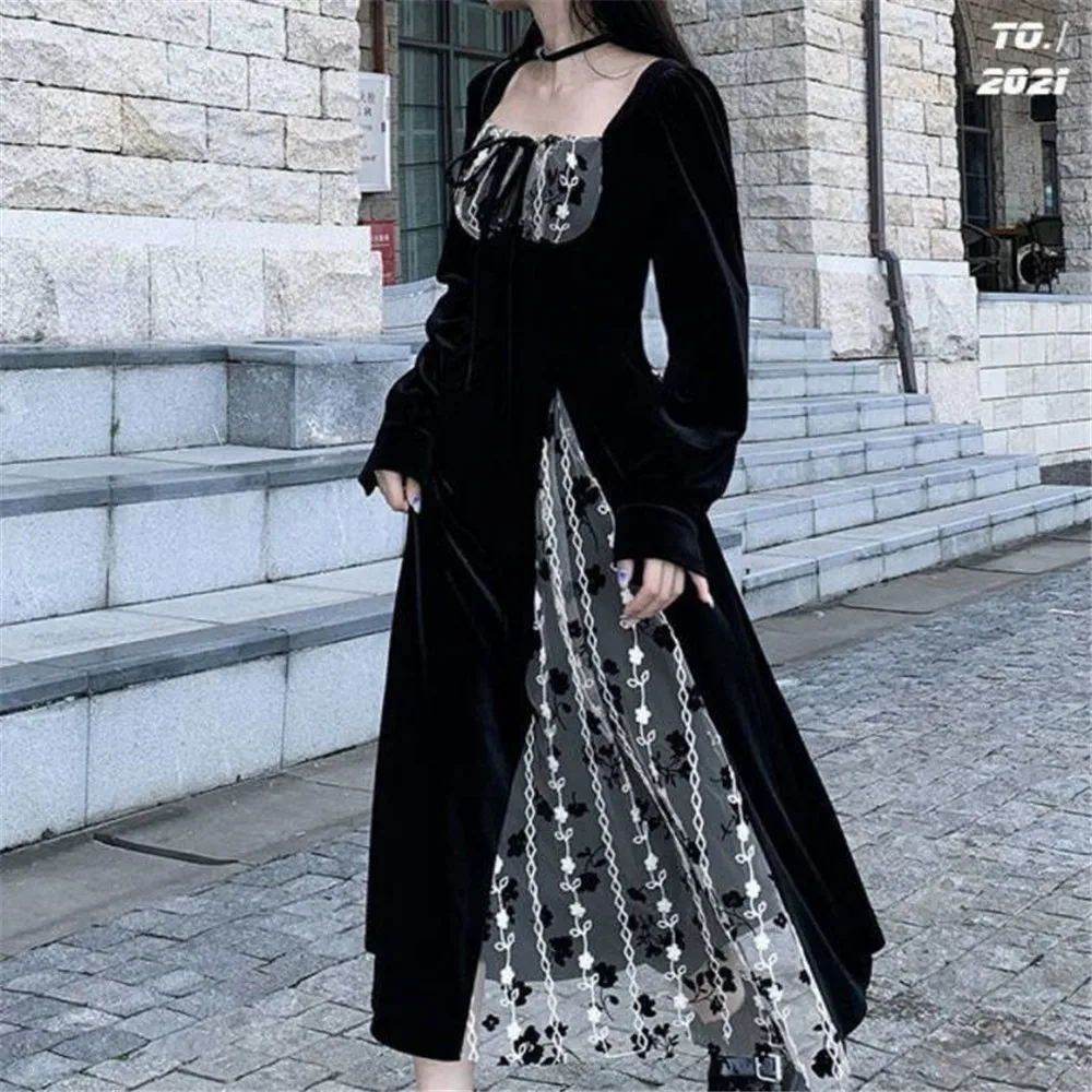 

Women Gothic Dress Retro Darkness Sexy Velvet Panel Received Waist A Swing New 2022 Summer Fashion Female Long Sleeve Dress