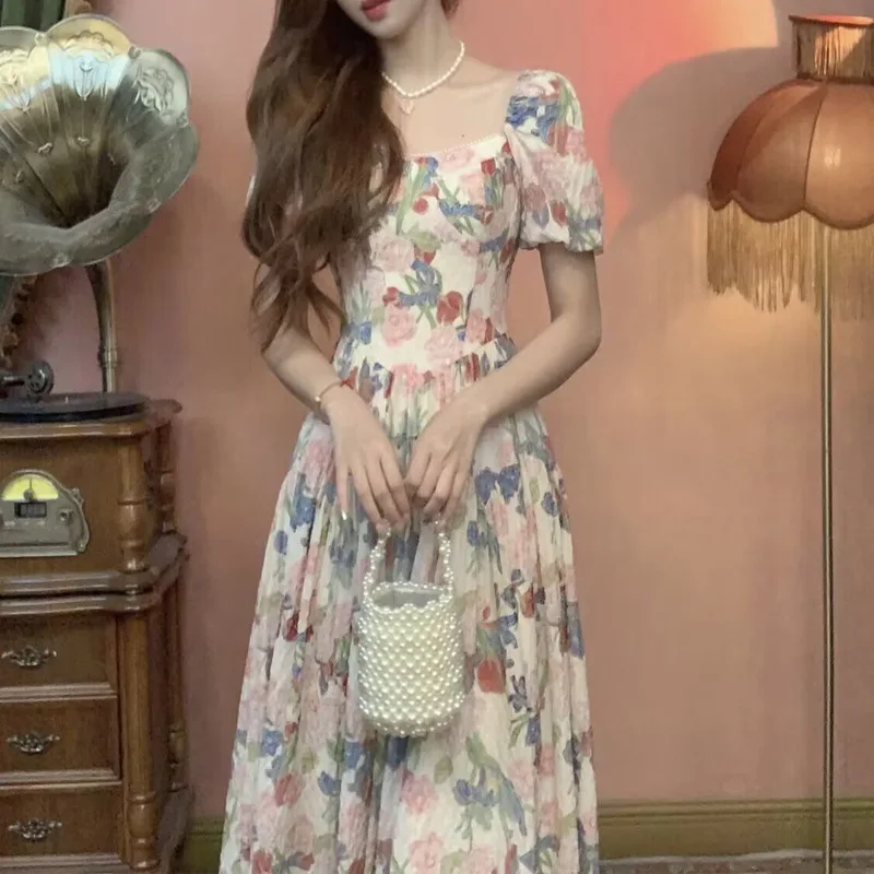 

2023 Summer Women Oil Painting Court Style Dress Short Sleeve Pleated Casual Beach Square Collar Waist Bohemian Woman Midi Dress