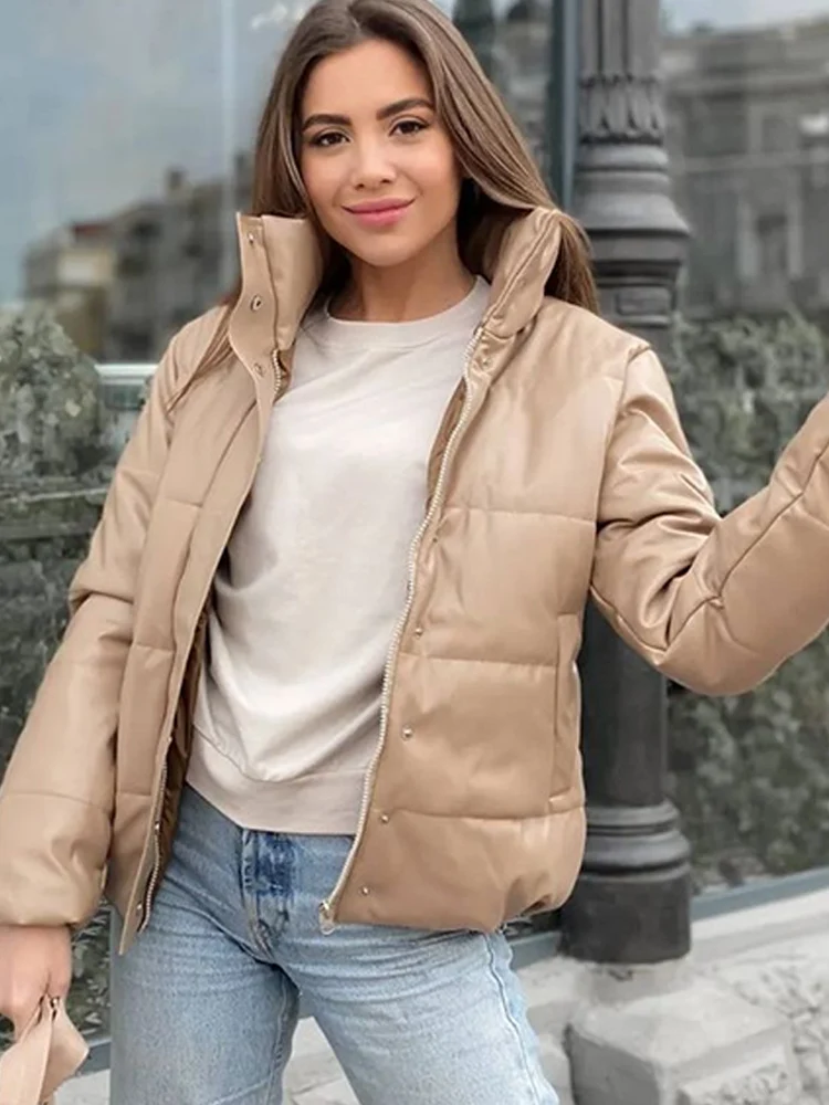 Faux Leather Women Jackets Coats Warm Thickening 2022 Autumn Winter Casual Slim Single Breasted Stand Collar Female Parkas