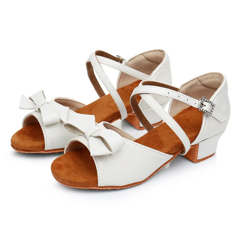 

New Bow Girls Dance Training Shoes Leather Upper White Shoes Latin Tango Salsa Dance Shoes Professional Dancing Shoes