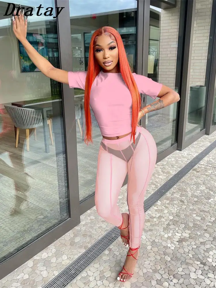 

Dratay Summer Black Mesh 2 Two Piece Sets Womens Outfits 2022 Short Sleeve Crop Top And See Through Long Pants Sets Female