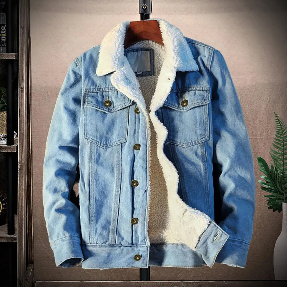 

Denim Coat Stylish Lapel Pockets Jean Outerwear Warm Men Jean Outerwear Lapel Buttons Jean Jacket for Outdoor