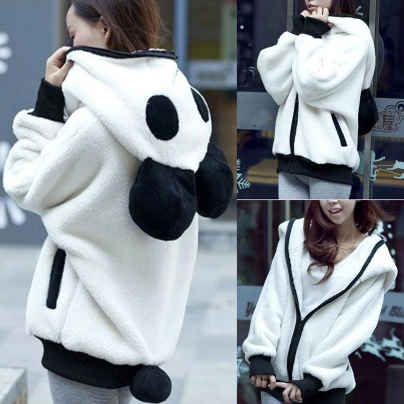 

Cute Plush Hooded Panda Sweater Hooded Jacket Autumn Winter Warm Jacket Casual Sweatershirt Zipper Soft Fleece Coat Women Female
