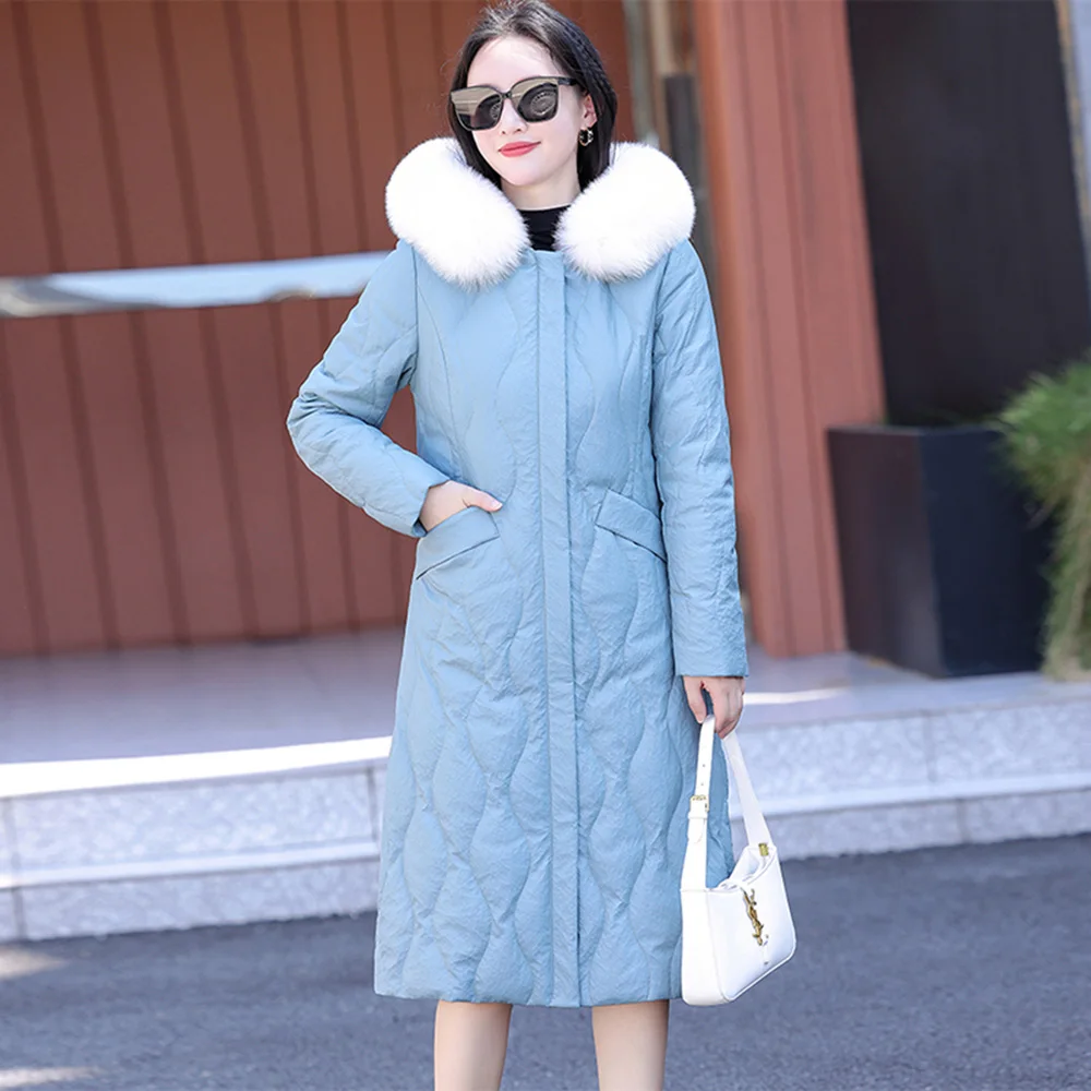 New Women Leather Down Coat Winter Casual Warm Real Fox Fur Collar Hooded Sheep Leather Down Coats Loose Long Thicken Outerwear
