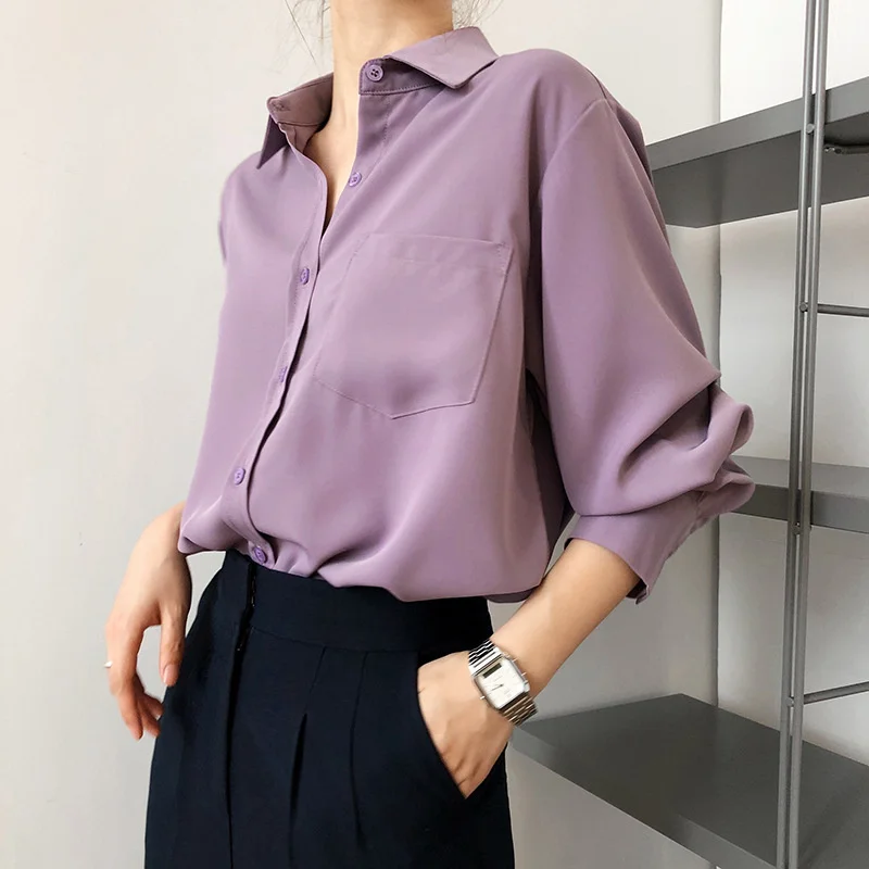 

Simple Long Sleeve Chiffon Shirt Women Solid Ins Fashion Spring Outfit Blouse Purple Blue Tops