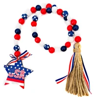 independence day wooden bead string red white blue wood beads wooden beads string with jute rope tassel for memorial