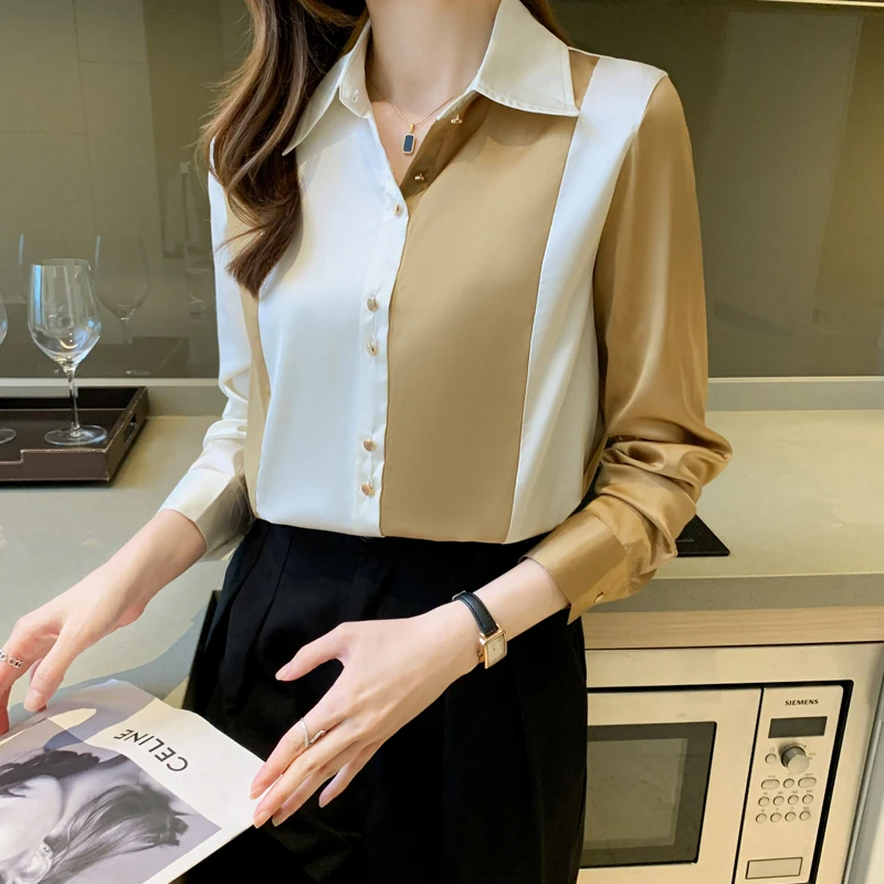 

Chiffon Women's Blouse Polo Shirt Striped Casual Spring Autumn Long Sleeve Top Fashion Clothing Lady Houthion