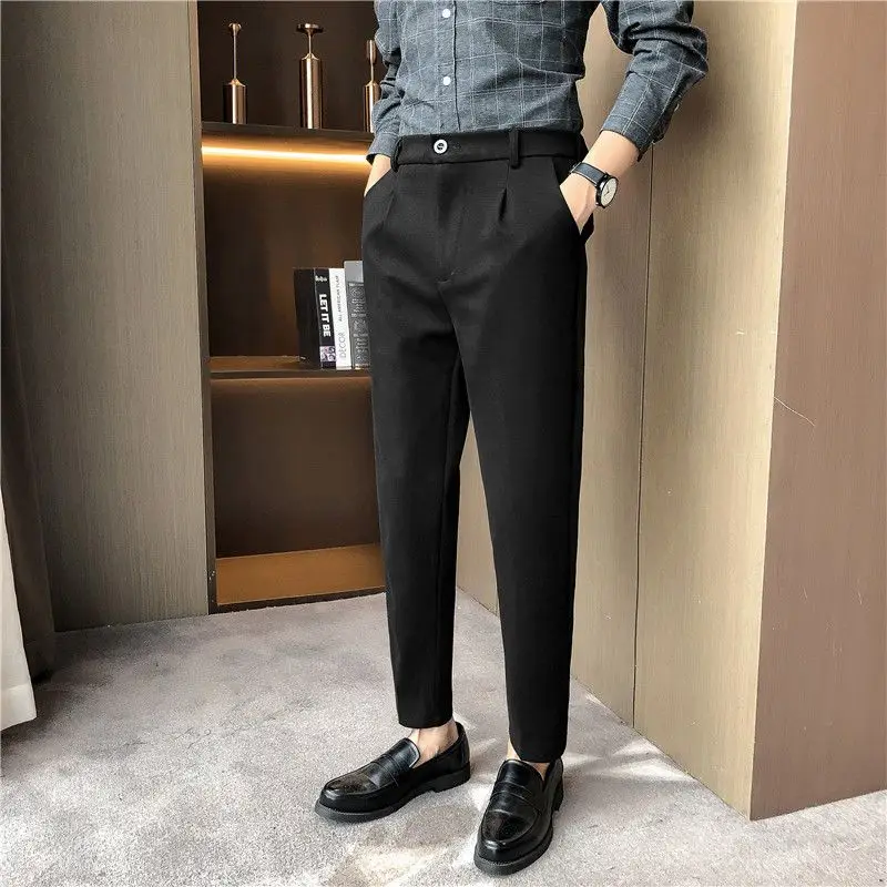 

Autumn Winter 2023 Men's Woolen Trousers New High Waist Male Tweed Business Casual Pants Men Long Formal Straight Pants A54