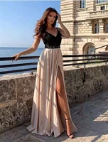 womens swing prom dress maxi long black sleeveless pure color split lace patchwork spring summer v neck stylish hot
