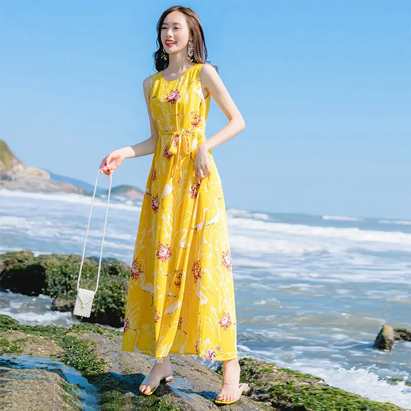 

Vintage Floral Maxi Dresses for Women Summer 2022 O Neck Sleeveless Casual Halter Sundresse Party Beach Flower Long Dress