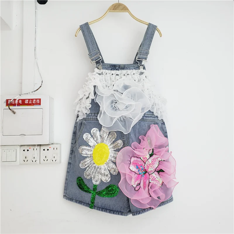 

2022 Summer Women Beaded Sequin Mesh Flowers Splicing Denim Overalls High Waist Casual Jeans Rompers Female Jumpsuits Streetwear