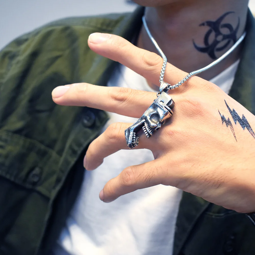 

New fashion 925 sterling silver personality skull lighter shape bottle opener pendant necklace punk vintage sweater chain jewelr