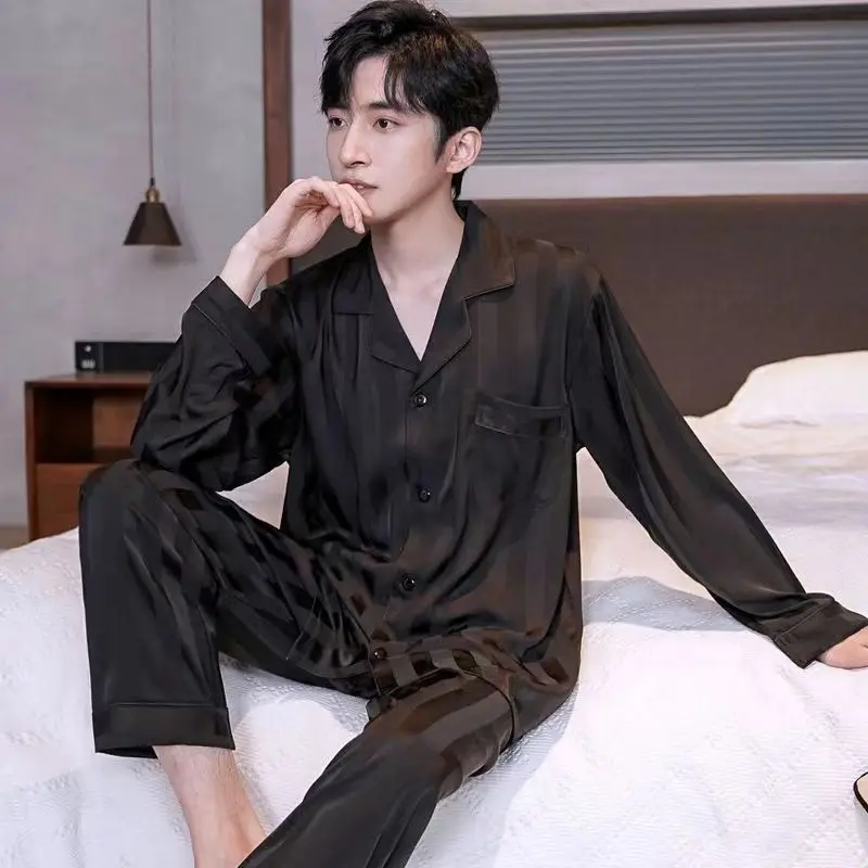 Spring and autumn men's new pajamas ice silk long sleeve thin loose plus size home clothes casual silk men's summer