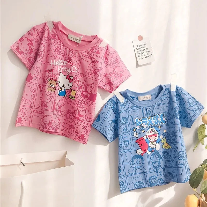 

Hello Kitty Cartoon Girls Cotton T-Shirt Robot Cat Men and Women Baby Summer New Korean Version Cute Tie-Dye Short Sleeve Shorts