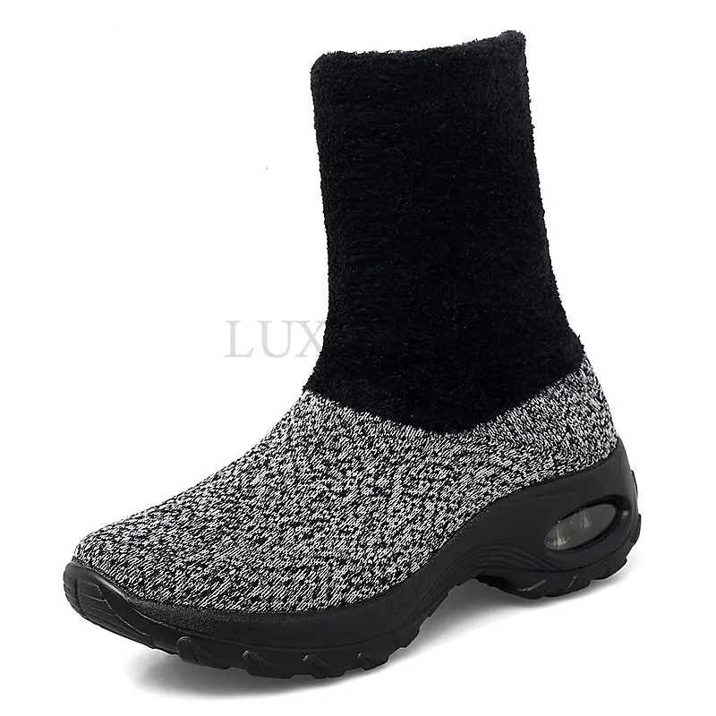 Women Snow Boots   Knitting Solid Color Round Shape Breathable Keep Warm Add Cotton Air Cushion   Shoes