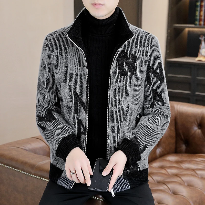 

M-6XL Winter Wool Blends Jacket Men Striped Faux Fur Mink Short Coat Casual Business Slim Overcoat Social Streetwear Windbreaker