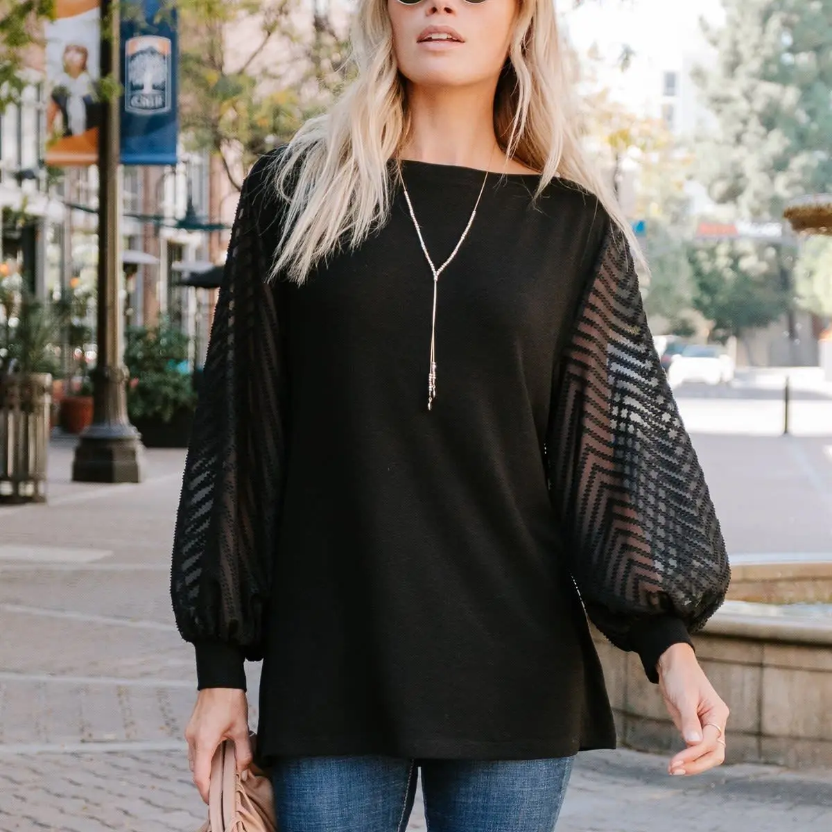 

Wepbel Round Neck Tshirts Loose Solid Color Blouses Patchwork Top Lantern Sleeve Mesh Women's Clothing Spring Tshirts Tops