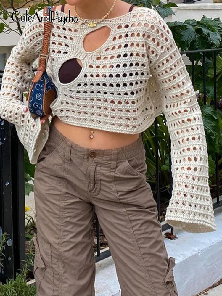 

Dinboa-2022 Y2k Hollow Out Cropped Mesh Vintage Top Blouse Loose Afflicted Crochet Pullovers Casual Fairycore Chic Harvest