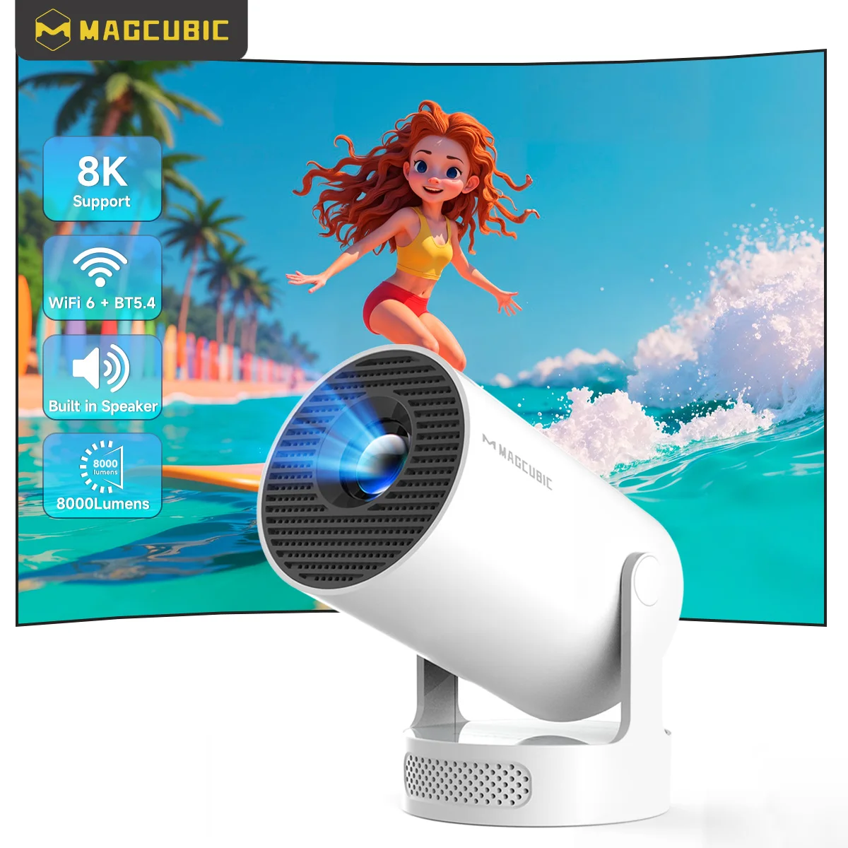 Magcubic HY300Pro Plus 290ANSI Portable Projector, Native 720P 8K Decoding, Dual WiFi6 Android 14 Allwinner H726 BT5.4 Home Cinema with Voice Remote