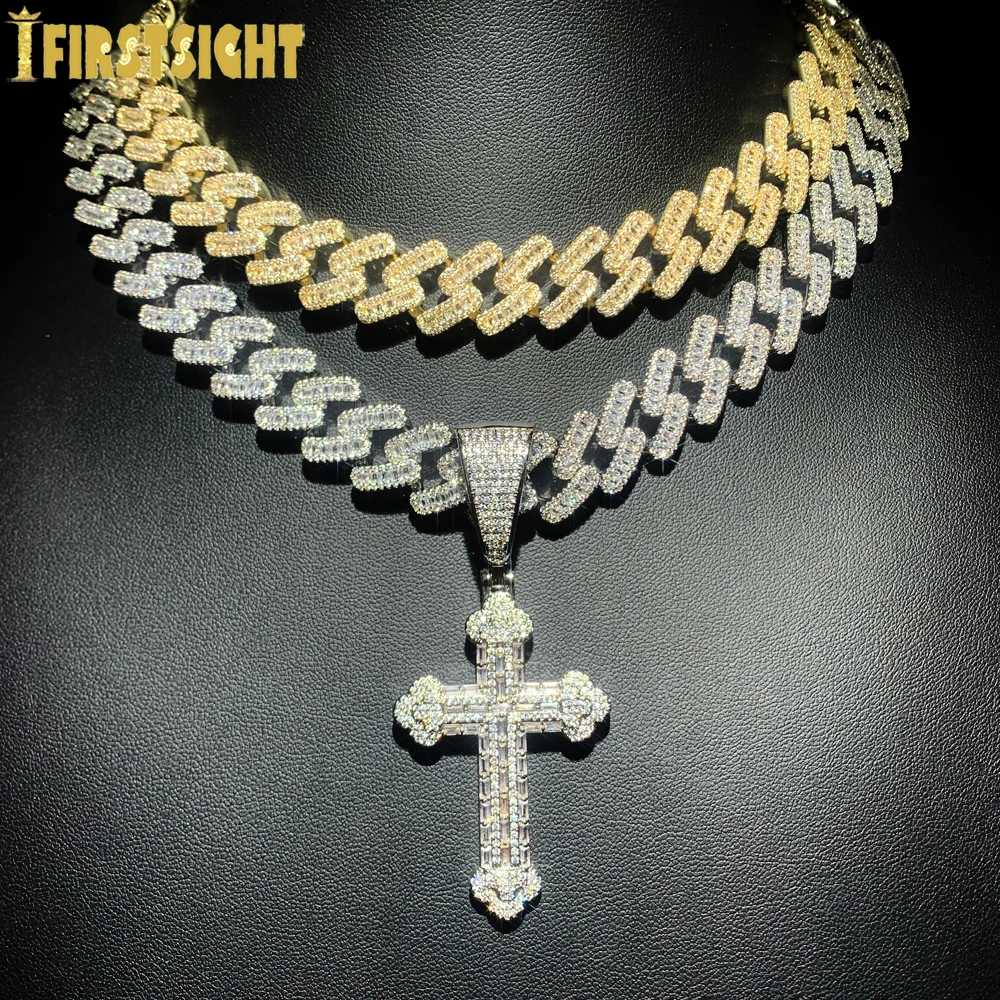 Ожерелье Iced Out Cross для мужчин и женщин, блестящий серебряный цвет, подвеска с кубическим цирконием, 15 мм, кубинская цепочка, ювелирные изделия в стиле хип-хоп (art.: 3920ca2bba2ac) - 3920ca2bba2ac