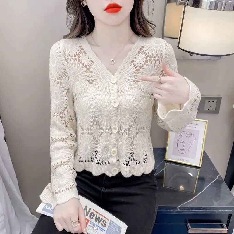 Шаль летняя верхняя одежда кардиган женская тонкая вырезанная вязаная маленькая