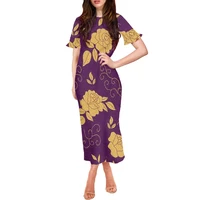 elegant womens dress 2022 plus size women gold floral printed maxi dress hawaii polynesian tribal purple short sleeve clothing