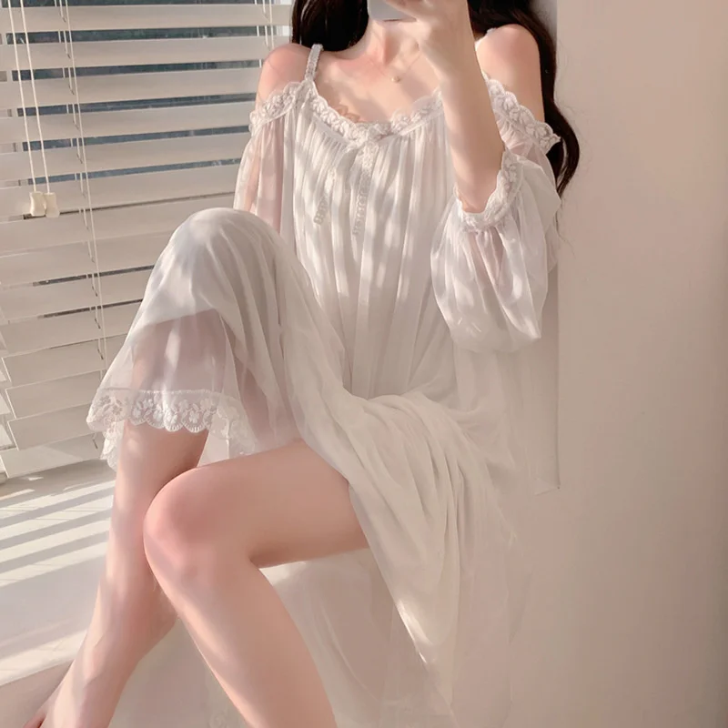 Long Night Dress Women Lace Mesh Sexy Strap Sleepwear Nightgowns Homewear Long Sleeve White Princess Sleepshirt Spring Nightwear