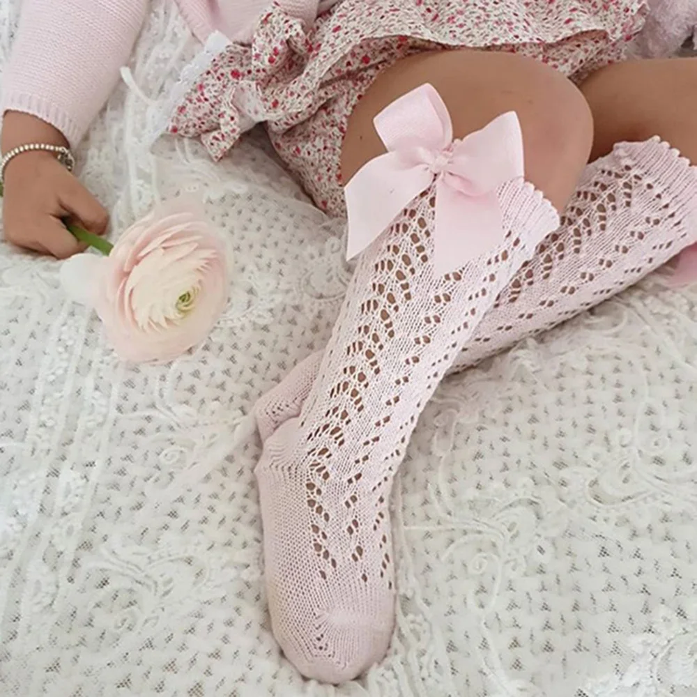 

Girl Kid Royal Style Candy Colors Hollow Out Bow Knee High Socks Bowknot Stocking Long Tube