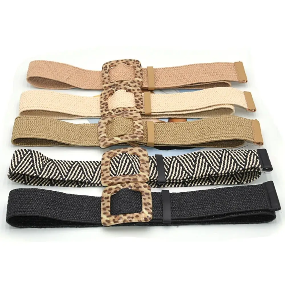 

Vintage Bohemian Wide Belt Summer Square Buckle Wild Braided Belt Female Leopard Buckle Linen Weave Women Waist Belt