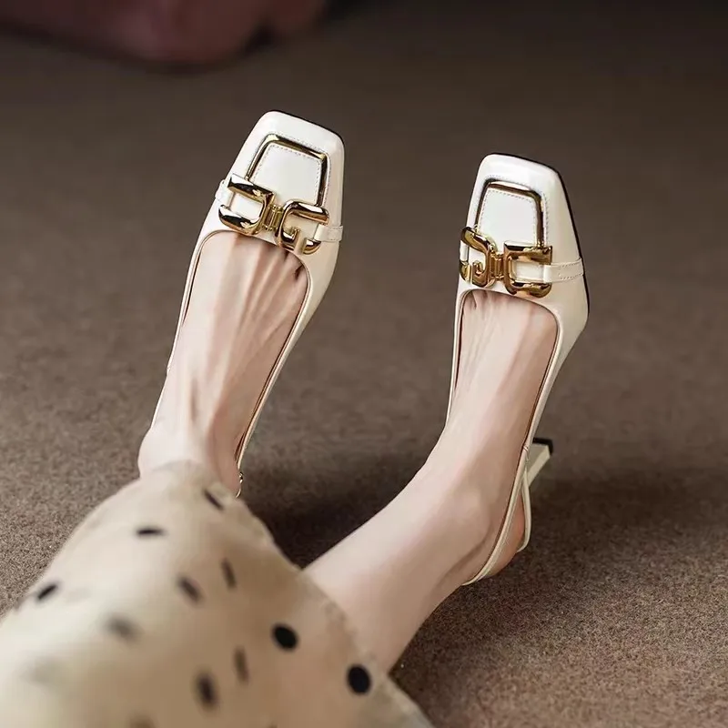 Women's Mid-heel 5.5CM 2023 Summer French Style Back Empty Female Thick Heel Square Toe Mary Jane Shoes Black Talon Femme