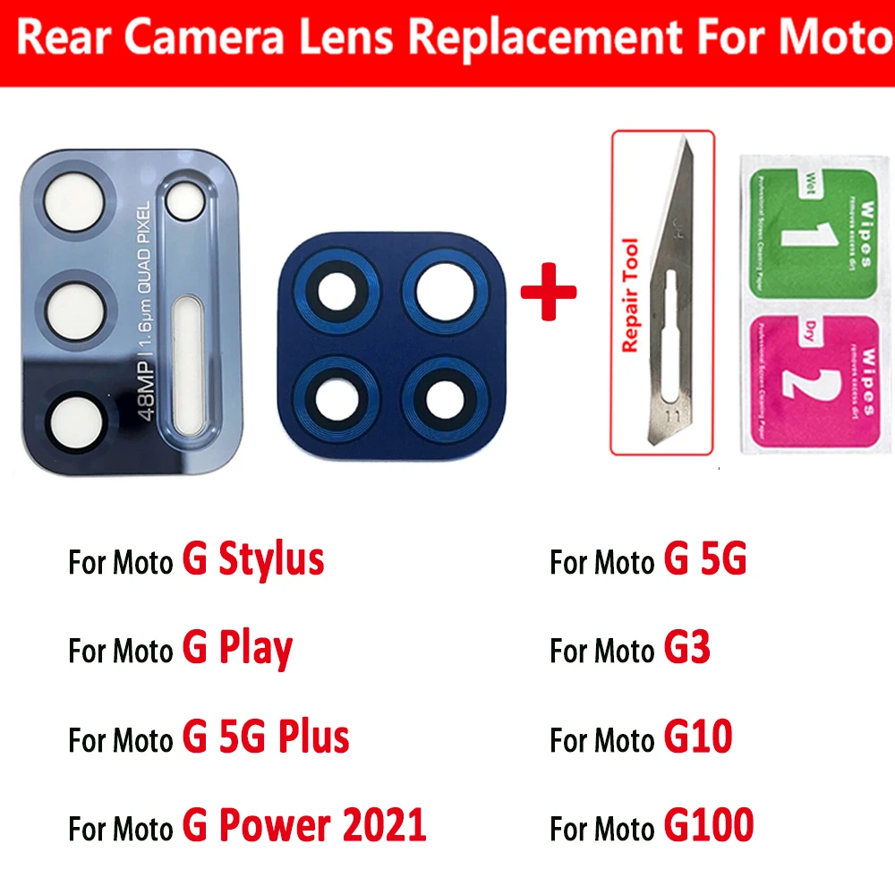 

2Pcs，Original For Motorola Moto G Stylus G Play G 5G Plus G Power 2021 G10 G100 Back Rear Camera Glass Lens Cover With Sticker