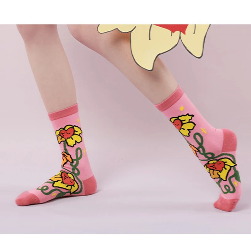 

Spring and Summer New Flowers Illustration Cartoon Personality Niche Funny Long Socks Female Cotton Socks In Tube Socks