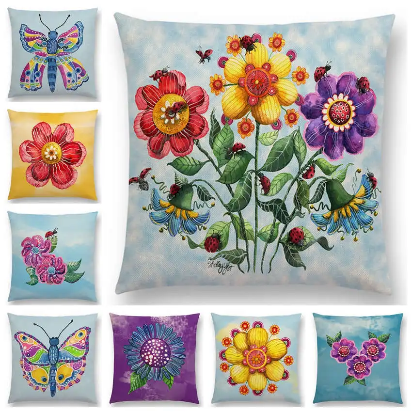 

Colorful Fantasy Flower Flamingo Cushion Cover Watercolor Butterfly Flower Sofa Pillowcase Home Decor Pillowcase