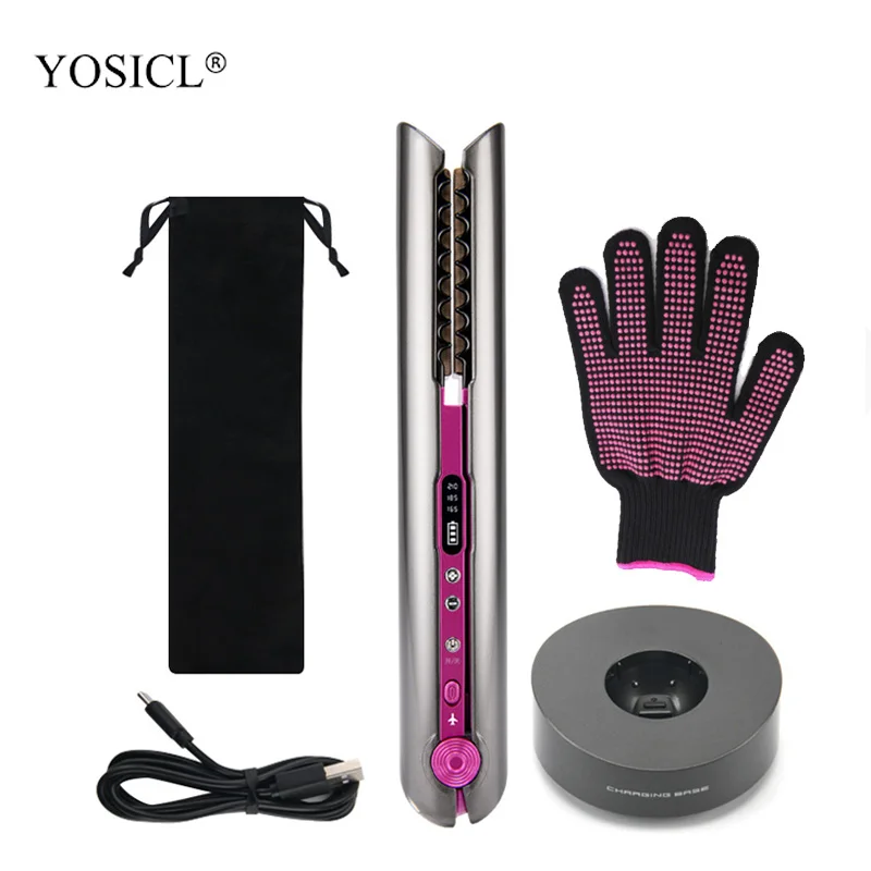 Portable Cordless Hair Straightener and Curler Dry and Wet  Use for Travel USB Rechargeable Flat Iron with glove storage bag